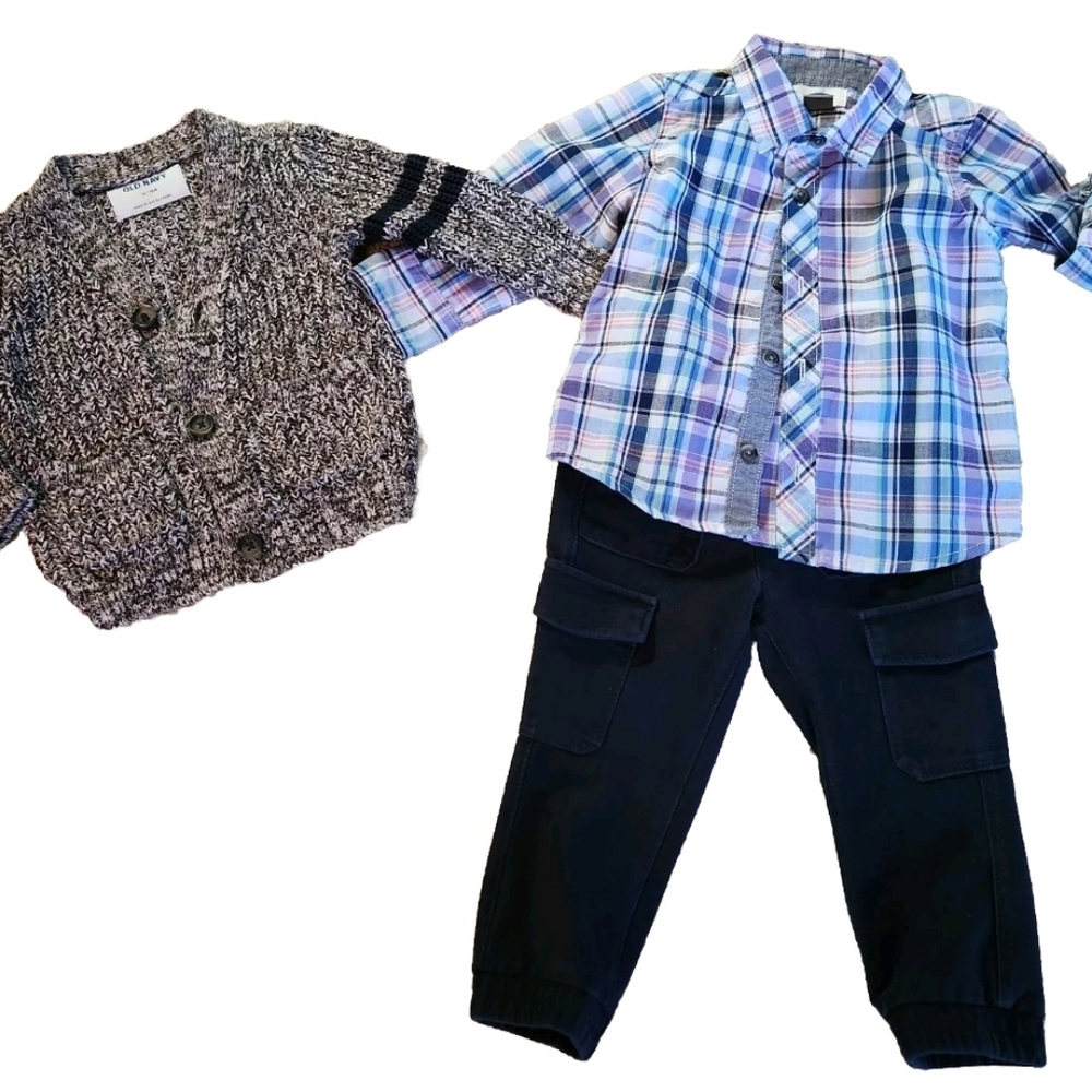 Old Navy 3 Piece Bundle 12-24 Months Soft Cargo Joggers Plaid Shirt & Cardigan - Picture 1 of 8